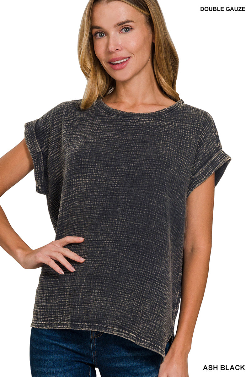 Acid Wash Boat Neck Short Sleeve Top