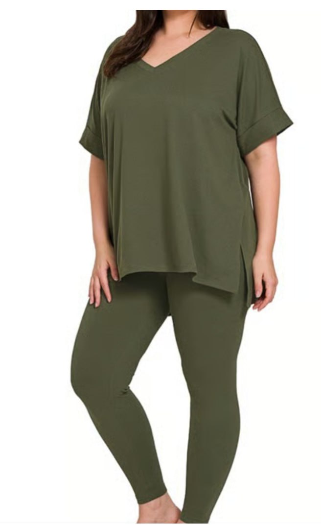 Microfiber V-Neck Tee & Leggings Set — Olive Green Plus Size