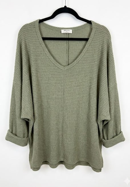 Zenana Waffle Knit Dolman Long Sleeve Top — Dark Olive Plus Size