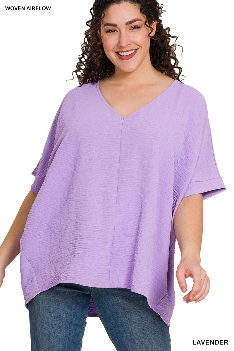 Plus woven airflow v-neck dolman short sleeve top