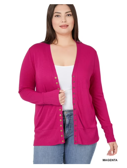 Ribbed Knit Snap-Button Cardigan — V-Neck Long Sleeve