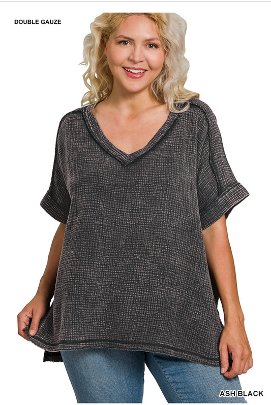 Acid Wash V-Neck Gauze Tee — Relaxed Fit