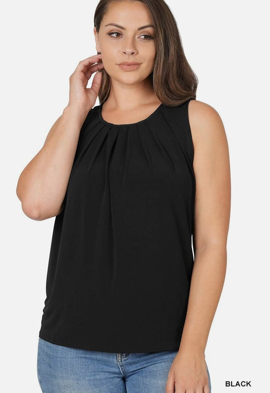 Pleated Crew Neck Sleeveless Tank Top — Black Plus Size 3X