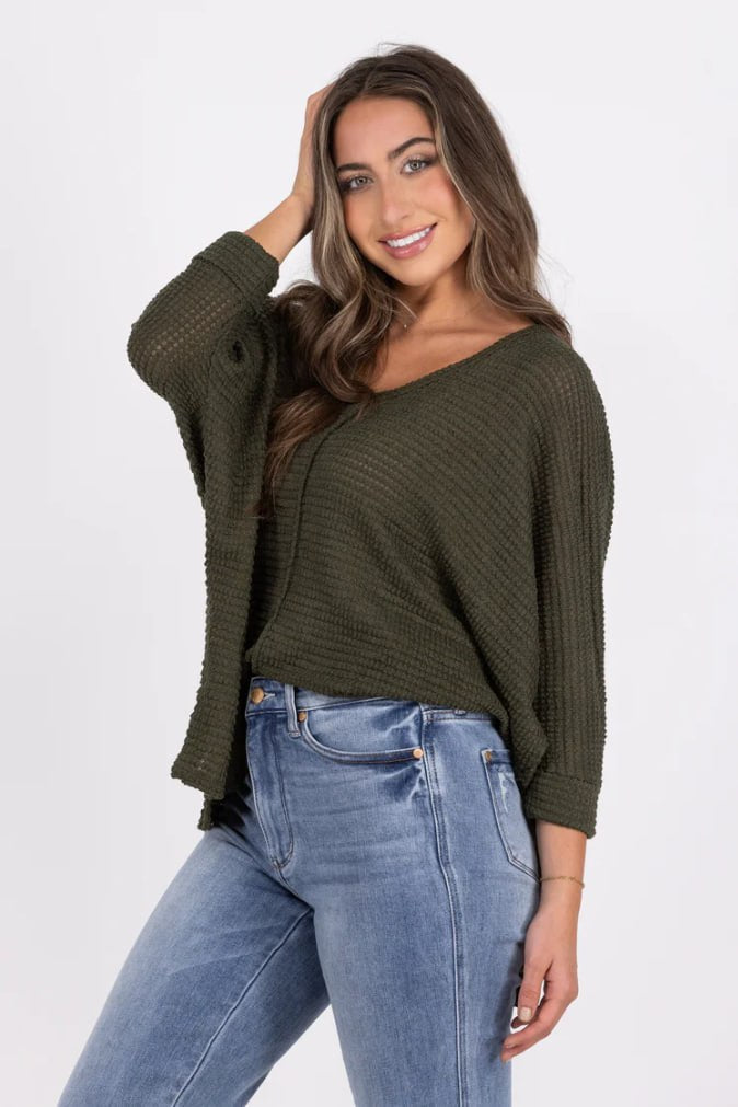 Zenana Waffle Knit Dolman Long Sleeve Top — Dark Olive Plus Size